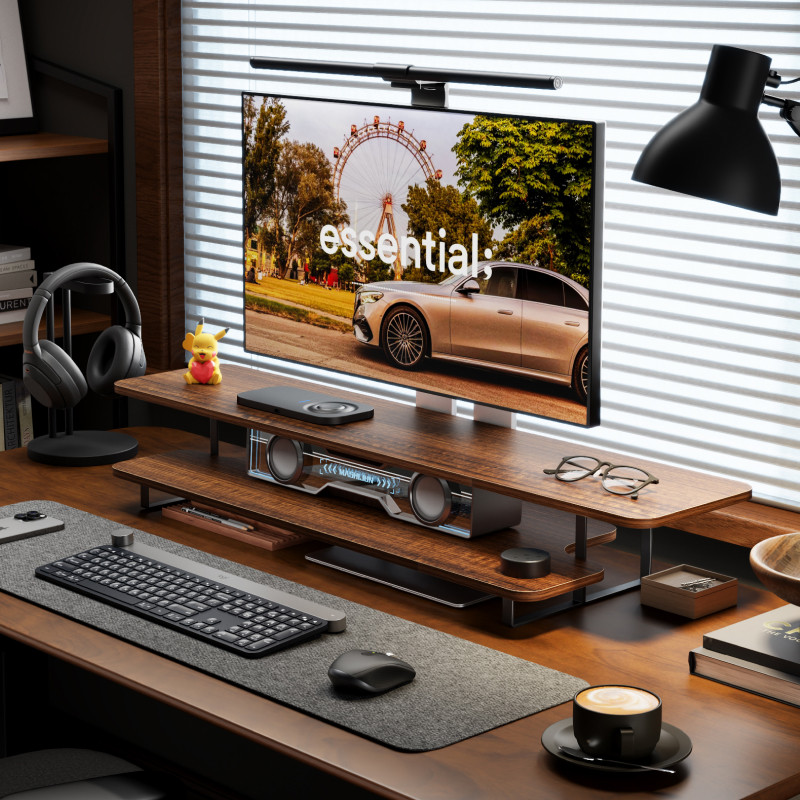 Walnut Finish Monitor Stand Ri - Desk Setup Laptop And Monitor ulasan dan harga