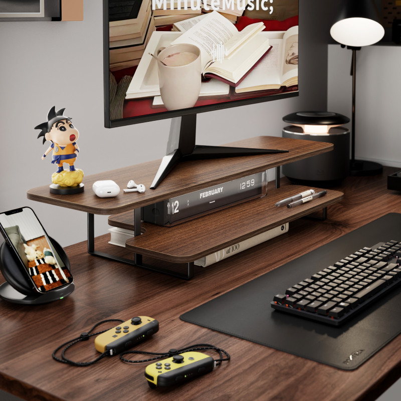 Walnut Finish Monitor Stand Ri - Desk Setup Laptop And Monitor ulasan dan harga